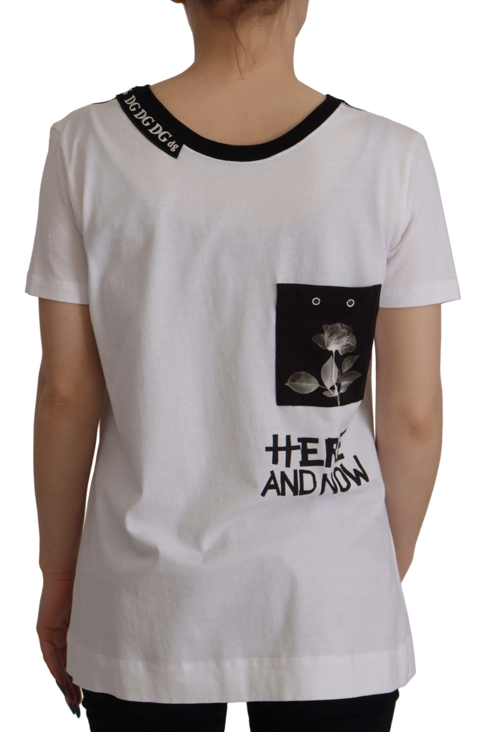 White t-shirt with black lettering on back