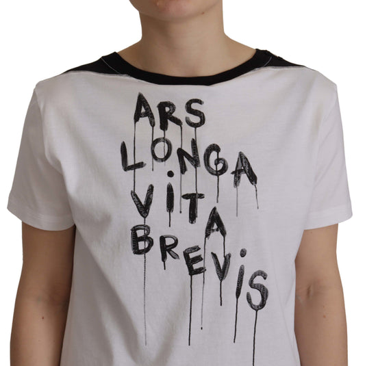 White t-shirt with handwritten style text in black
