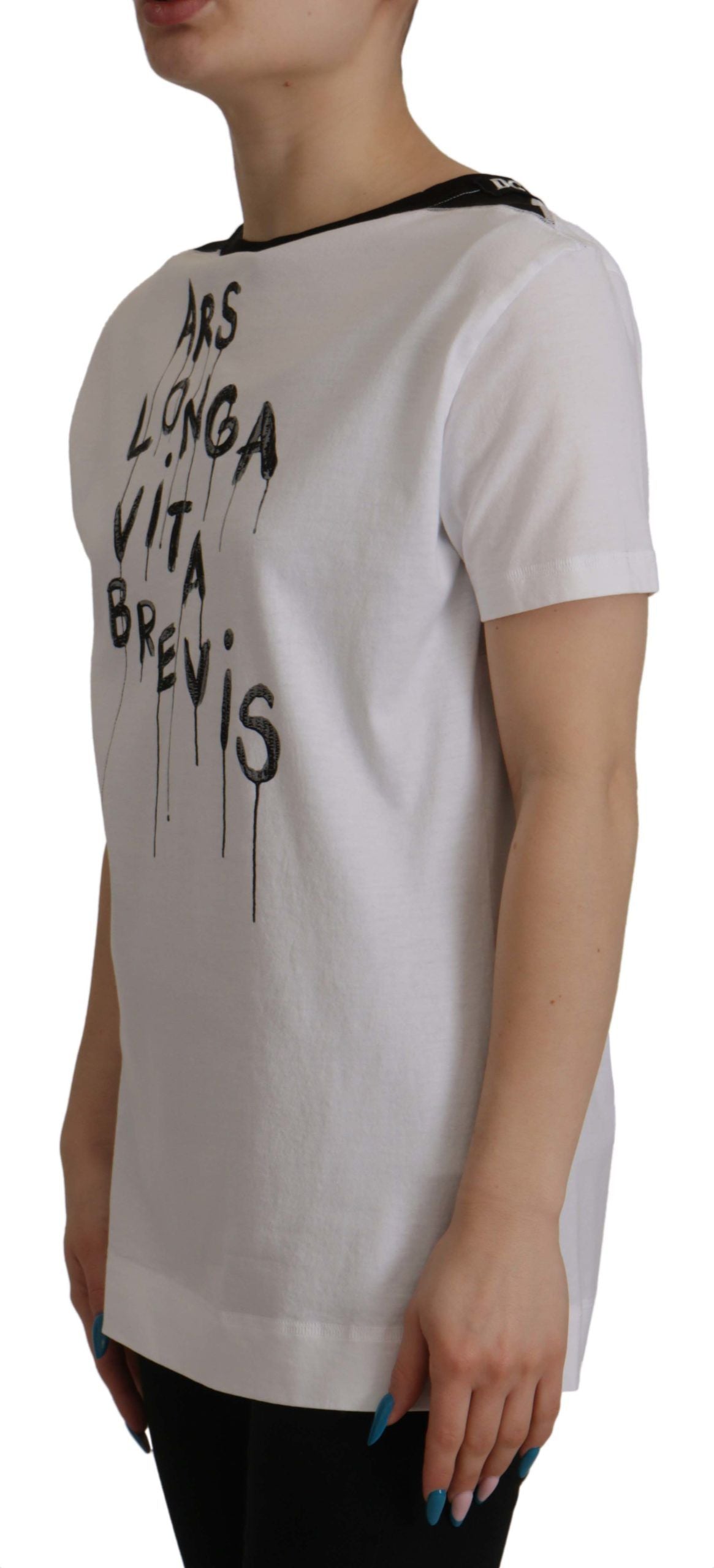 White t-shirt with black writing on front