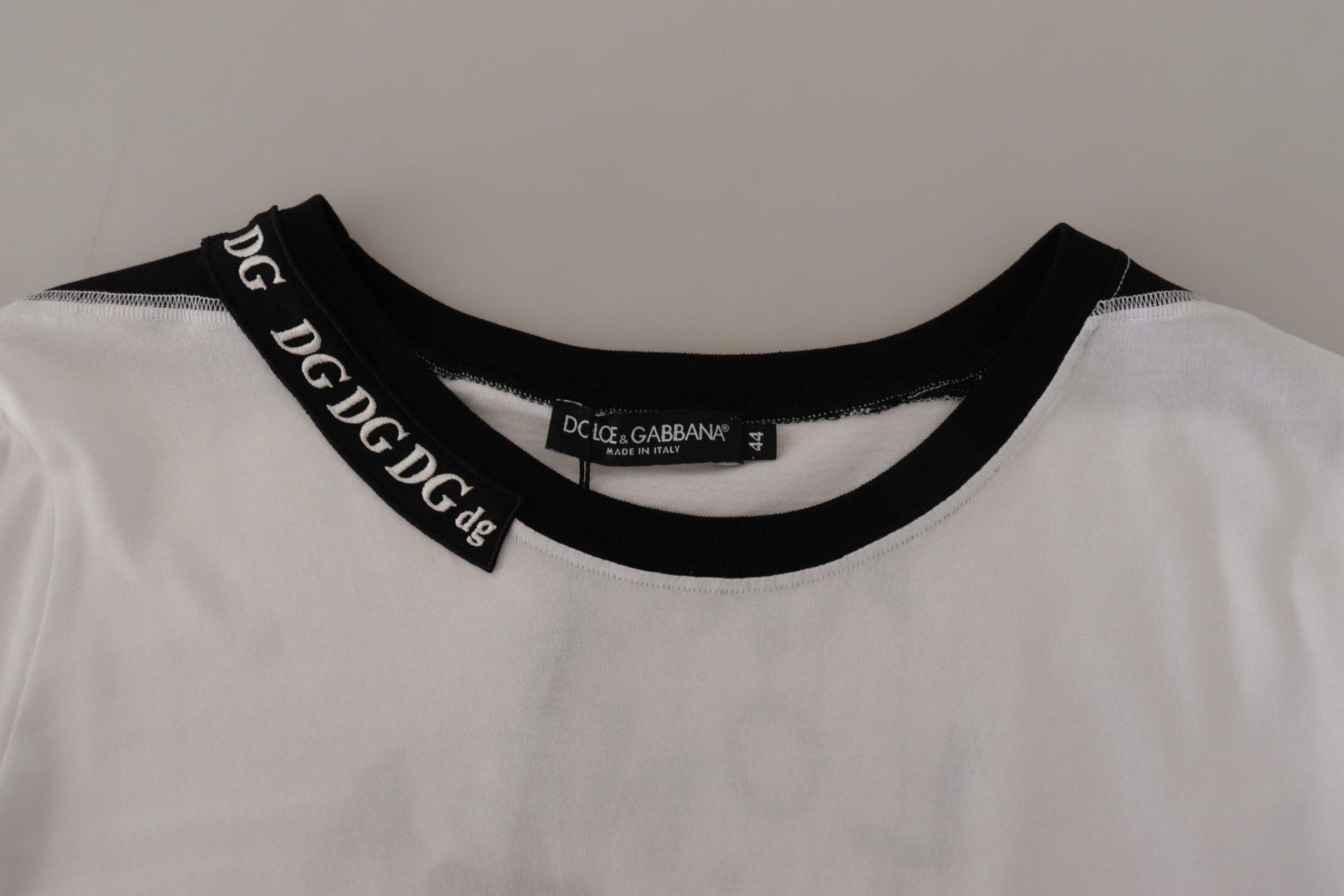 White t-shirt with black trim on neckline