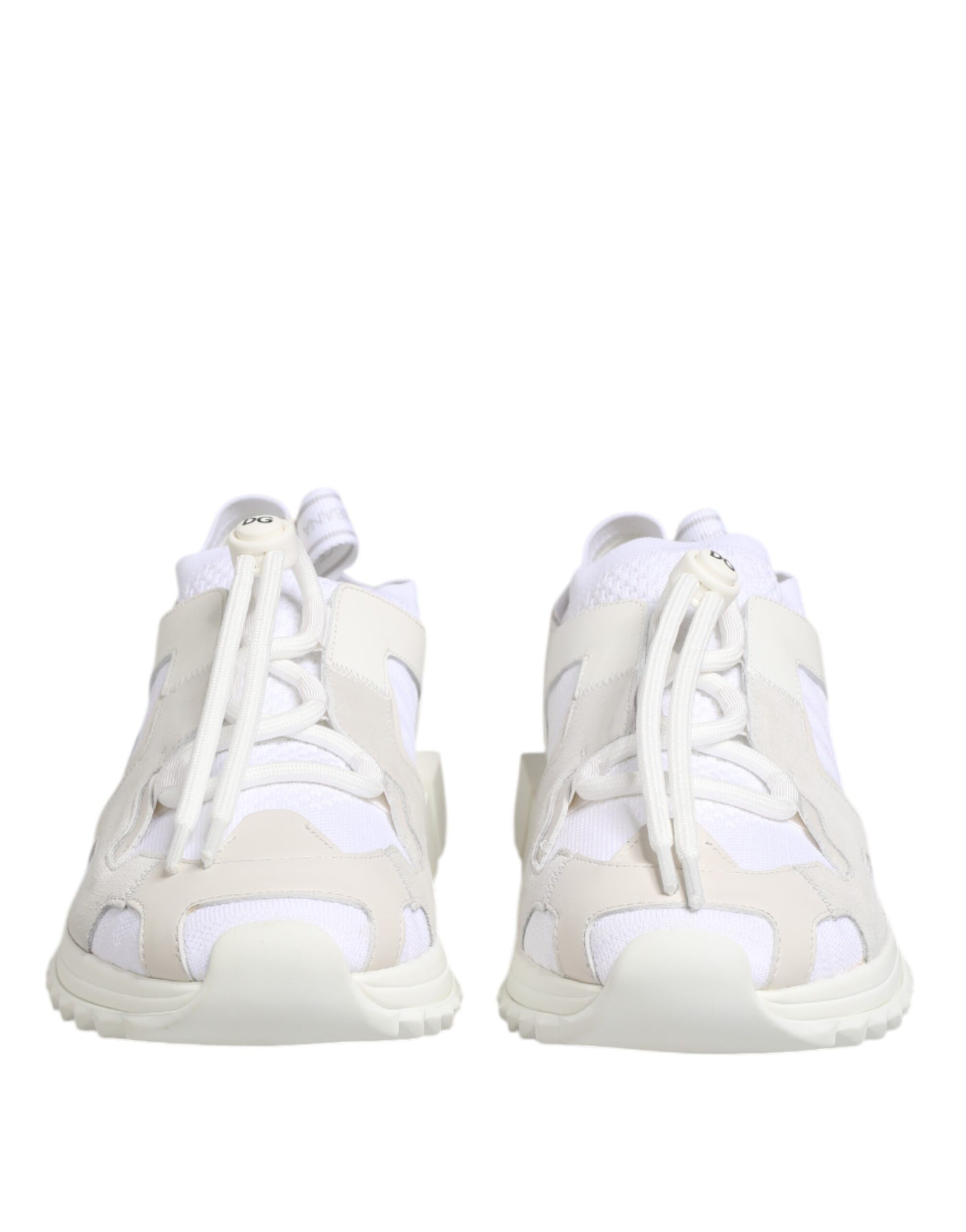 Pair of white lace-up sneakers with a low top and a patterned design