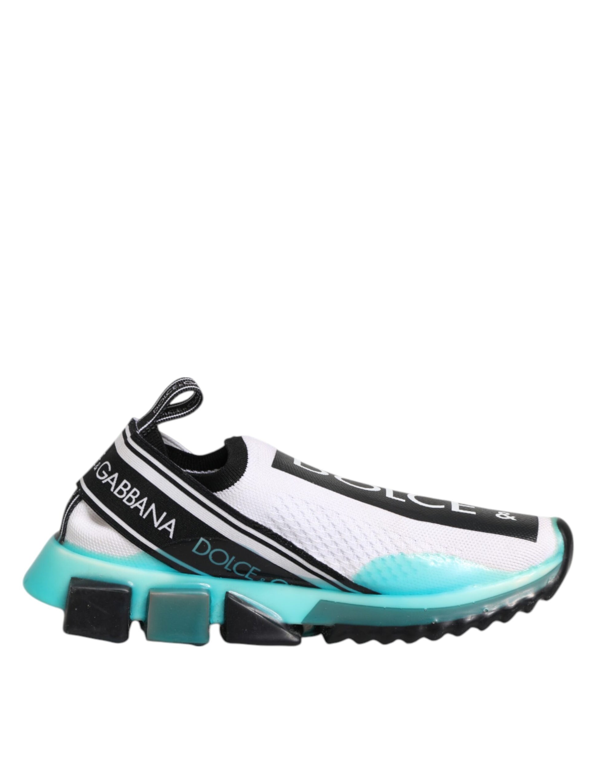 A pair of white slip-on shoes with black and blue accents, featuring the Dolce & Gabbana logo