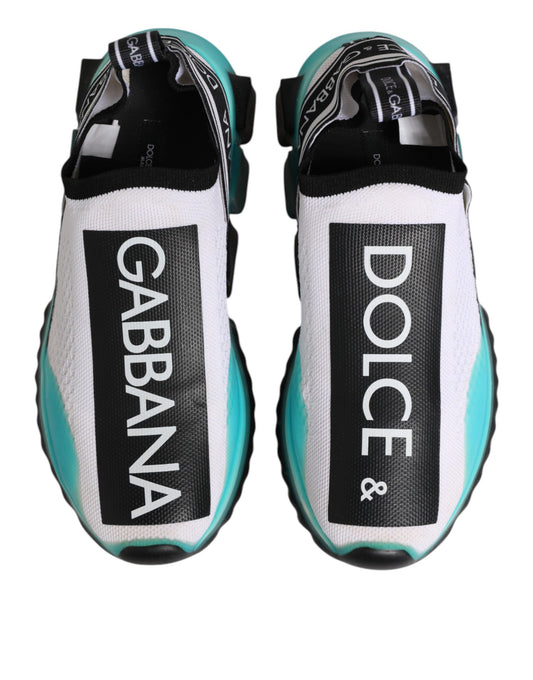 Pair of white slip-on shoes with black and teal accents, featuring the brand names Dolce & Gabbana