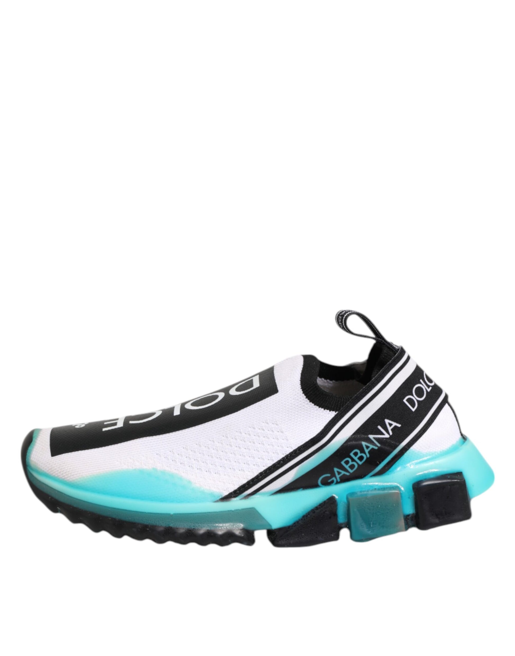 White and blue slip-on shoes with brand name on side, featuring a low top design
