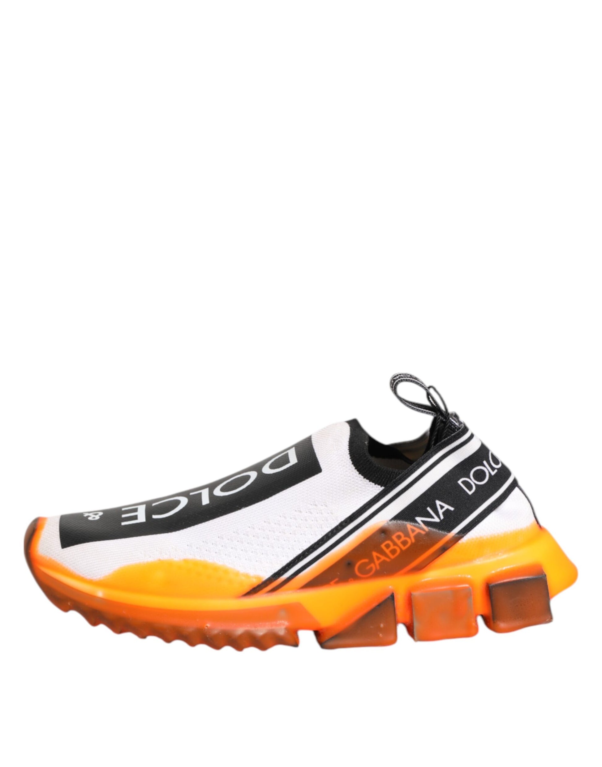 Orange and white slip-on shoes with black text and logo