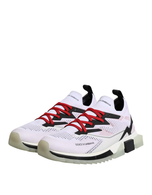 White sneakers with red laces, branded logo on side, and textured design