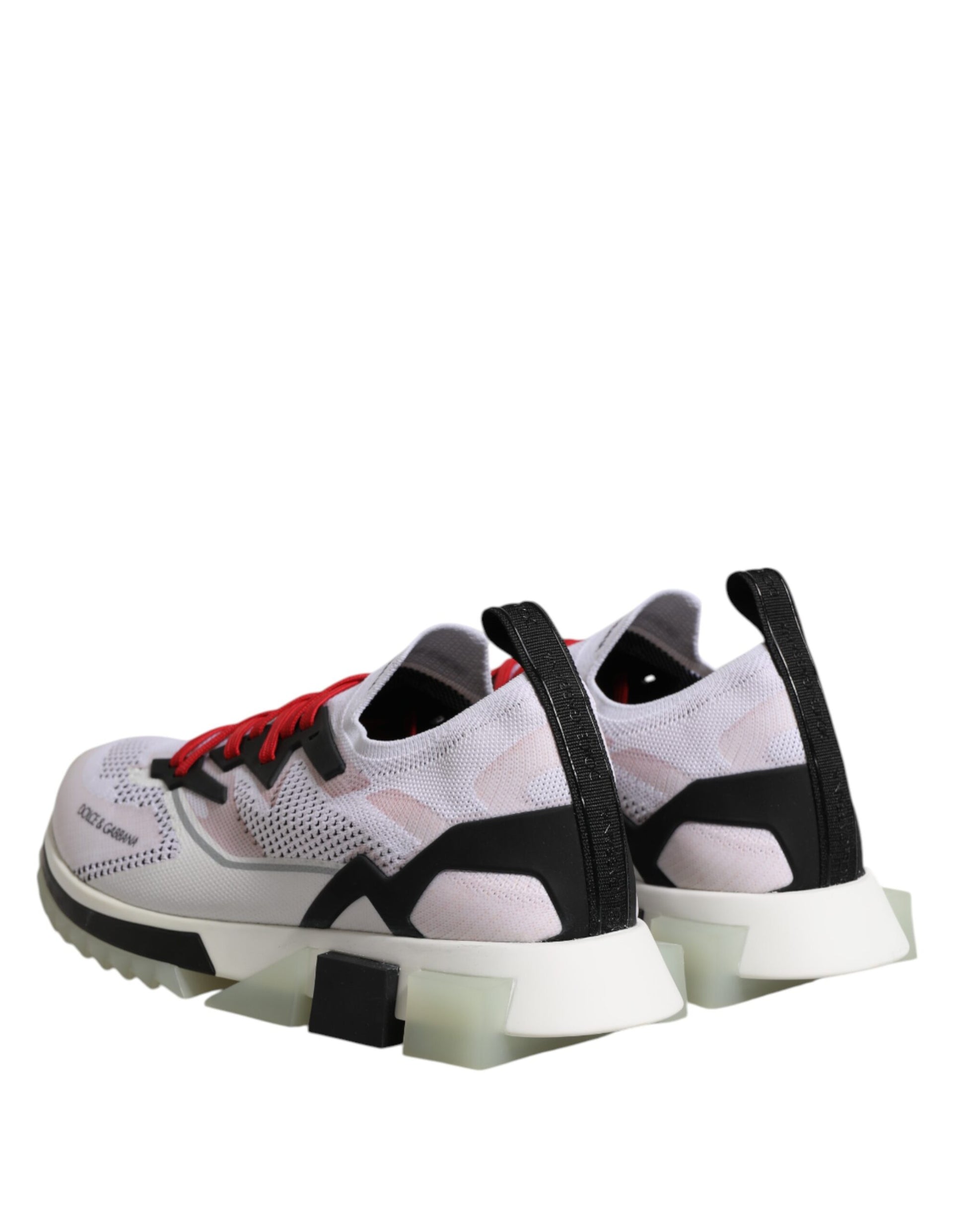 White sneakers with red laces, featuring black and white design elements