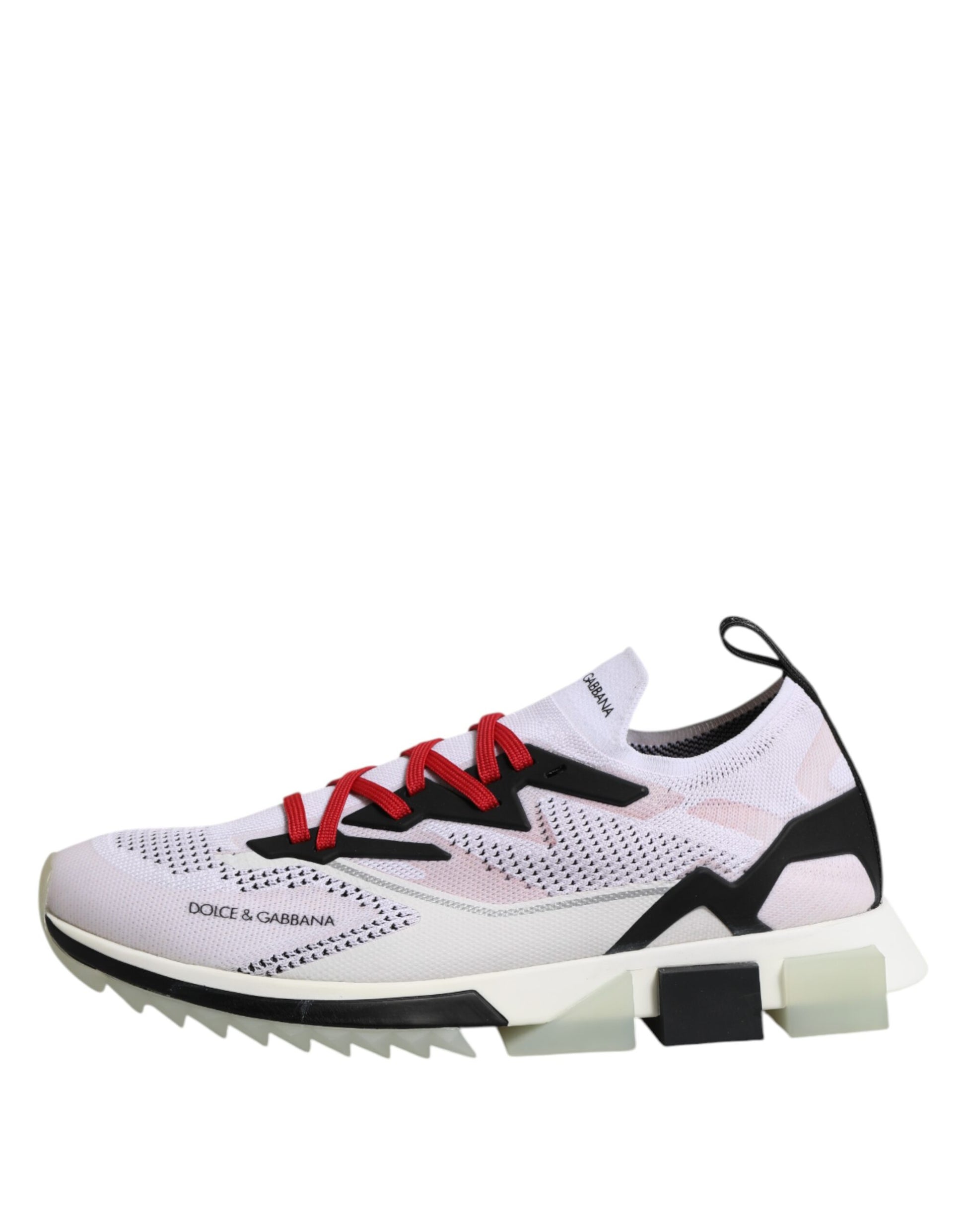 White sneakers with red laces, featuring a patterned design and textured sole
