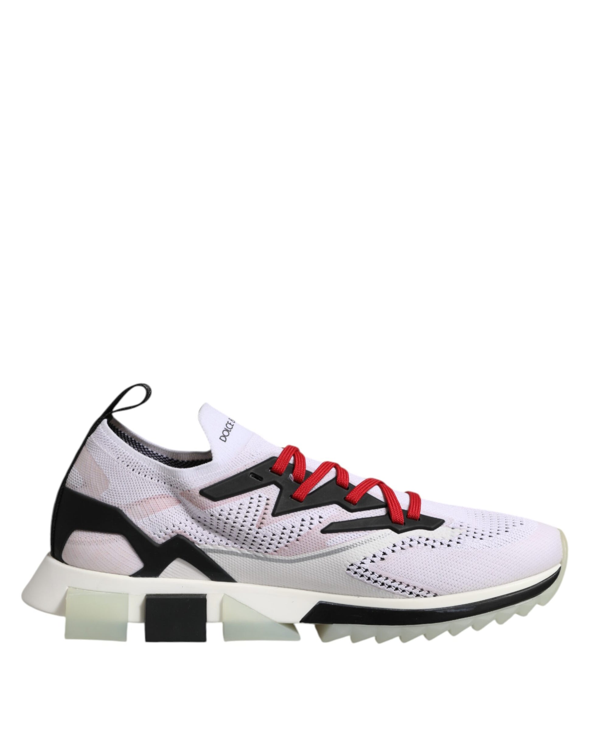 White sneakers with red laces, featuring a black and white design on the side