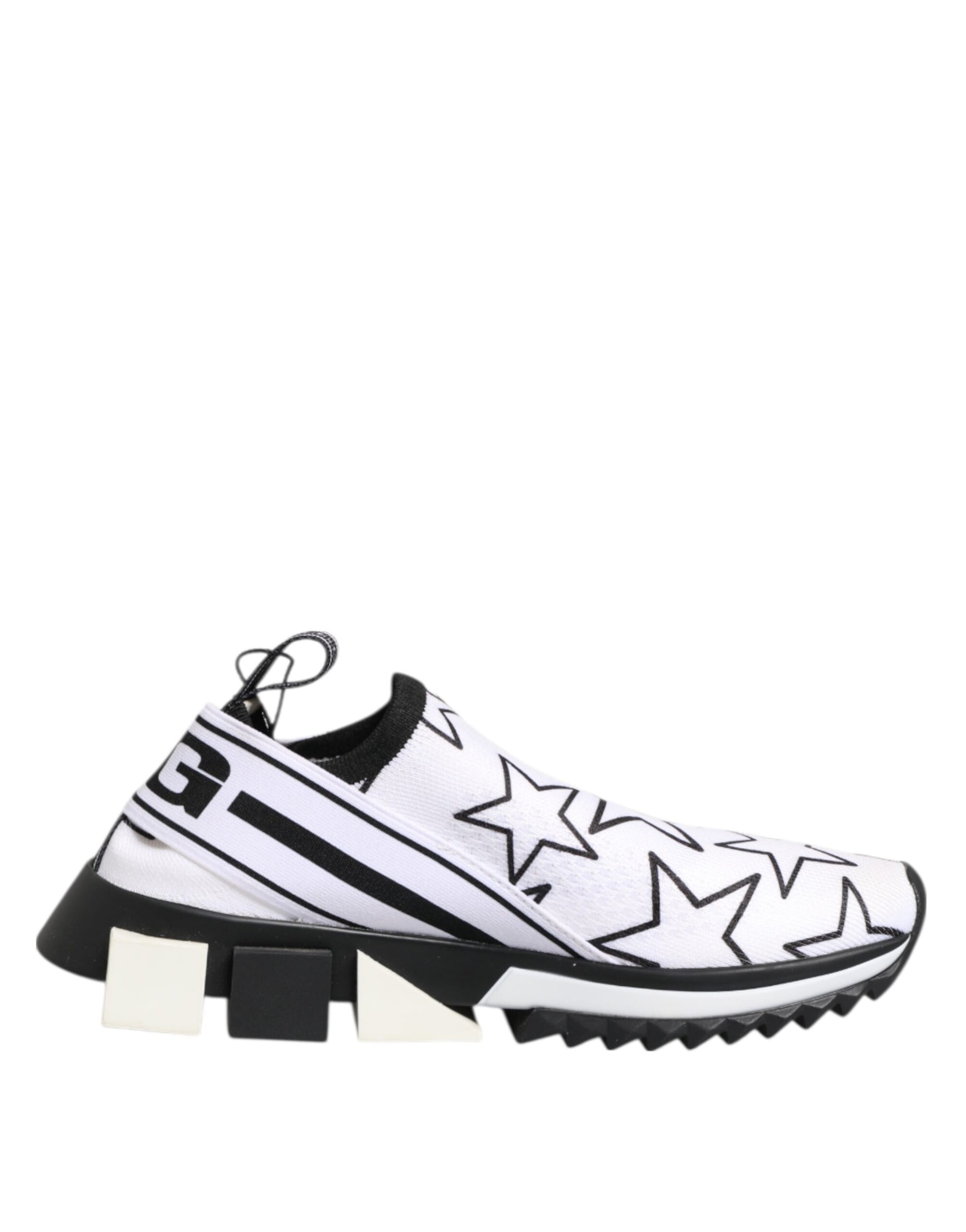 White stars sneakers with black laces, white soles and heels, featuring a low top design