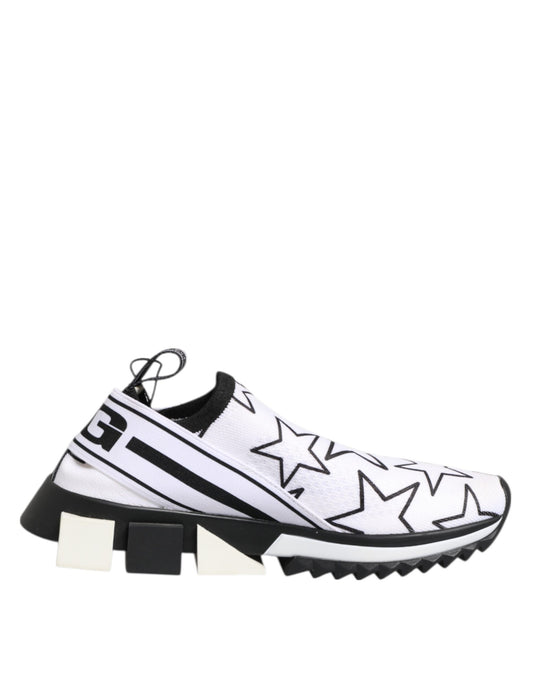 White stars sneakers with black laces, white soles and heels, featuring a low top design