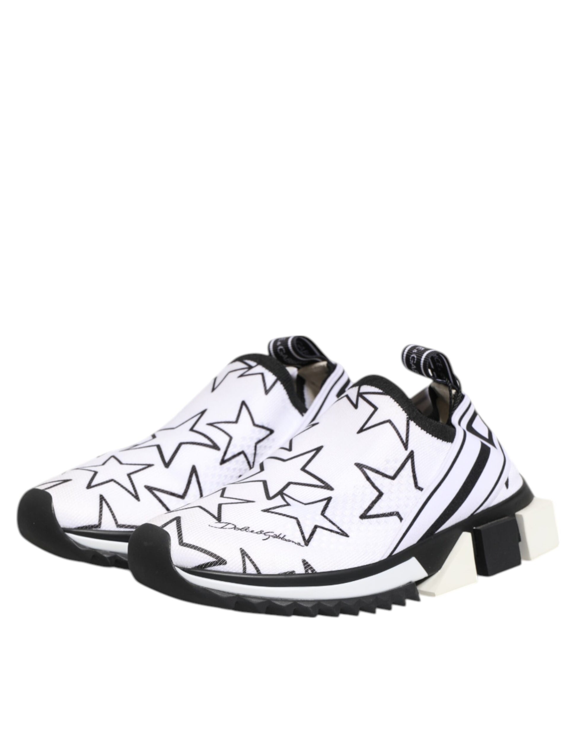 White sneakers with black laces, featuring a pattern of stars and stripes on the side