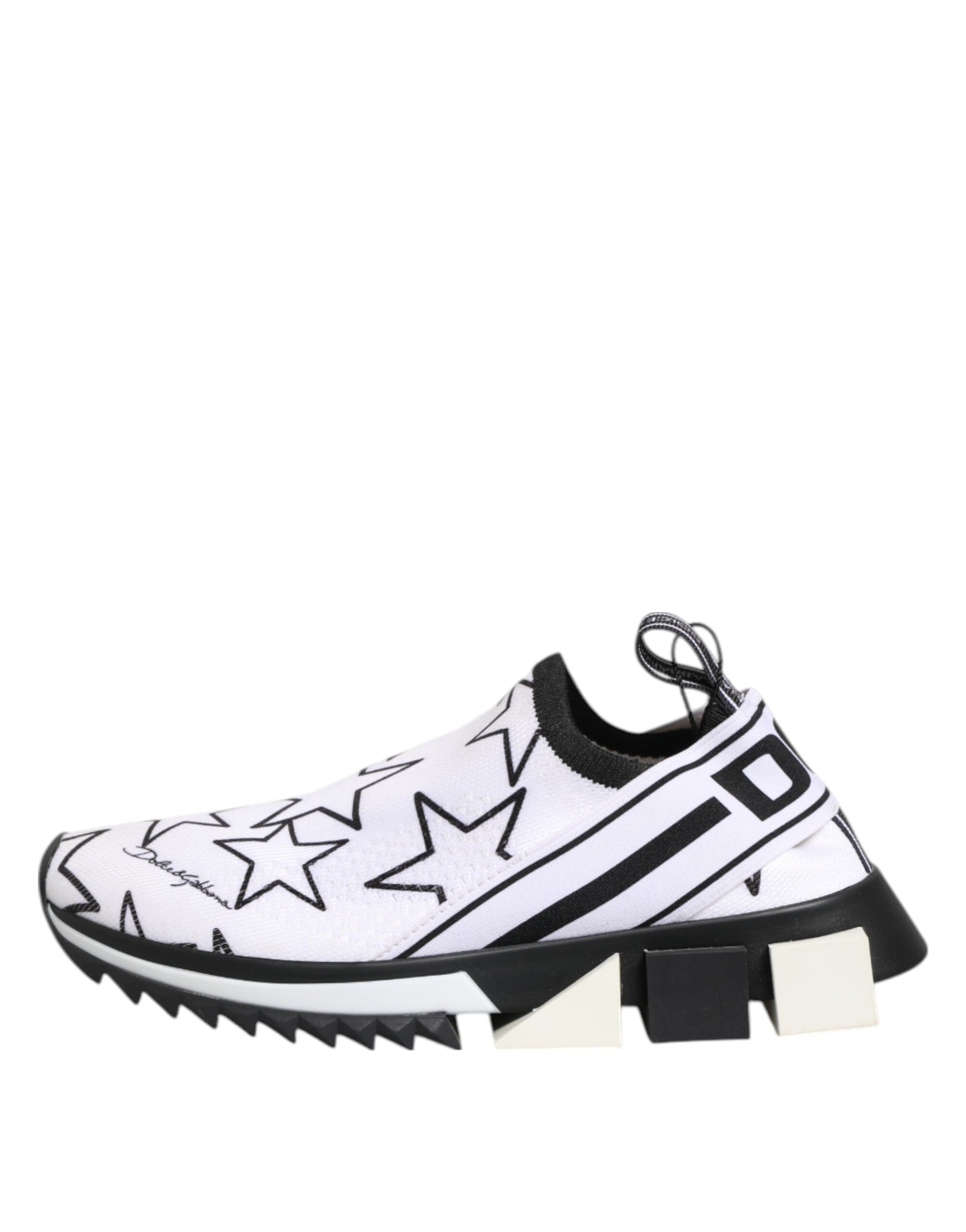 White sneakers with black stars, laces, and sole