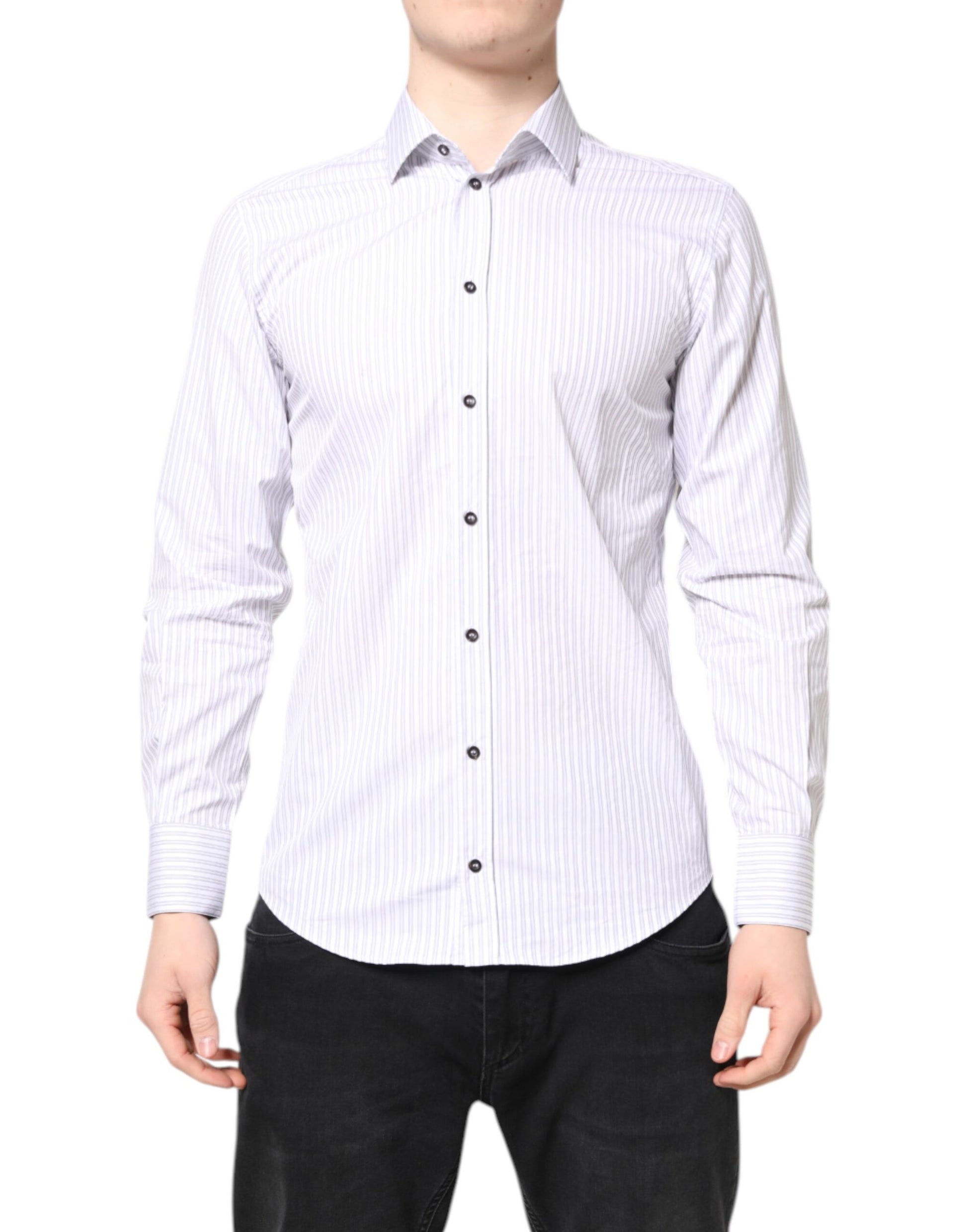 A mannequin wearing a white striped cotton Martini men's dress shirt