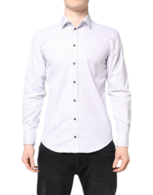 A mannequin wearing a white striped cotton Martini men's dress shirt