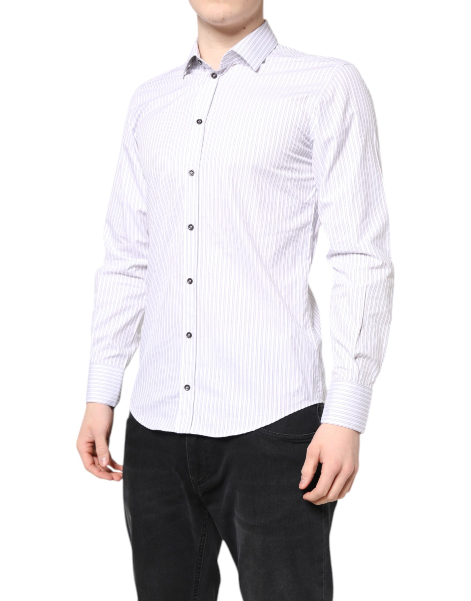 A white striped cotton dress shirt with a collar and buttons, designed for men