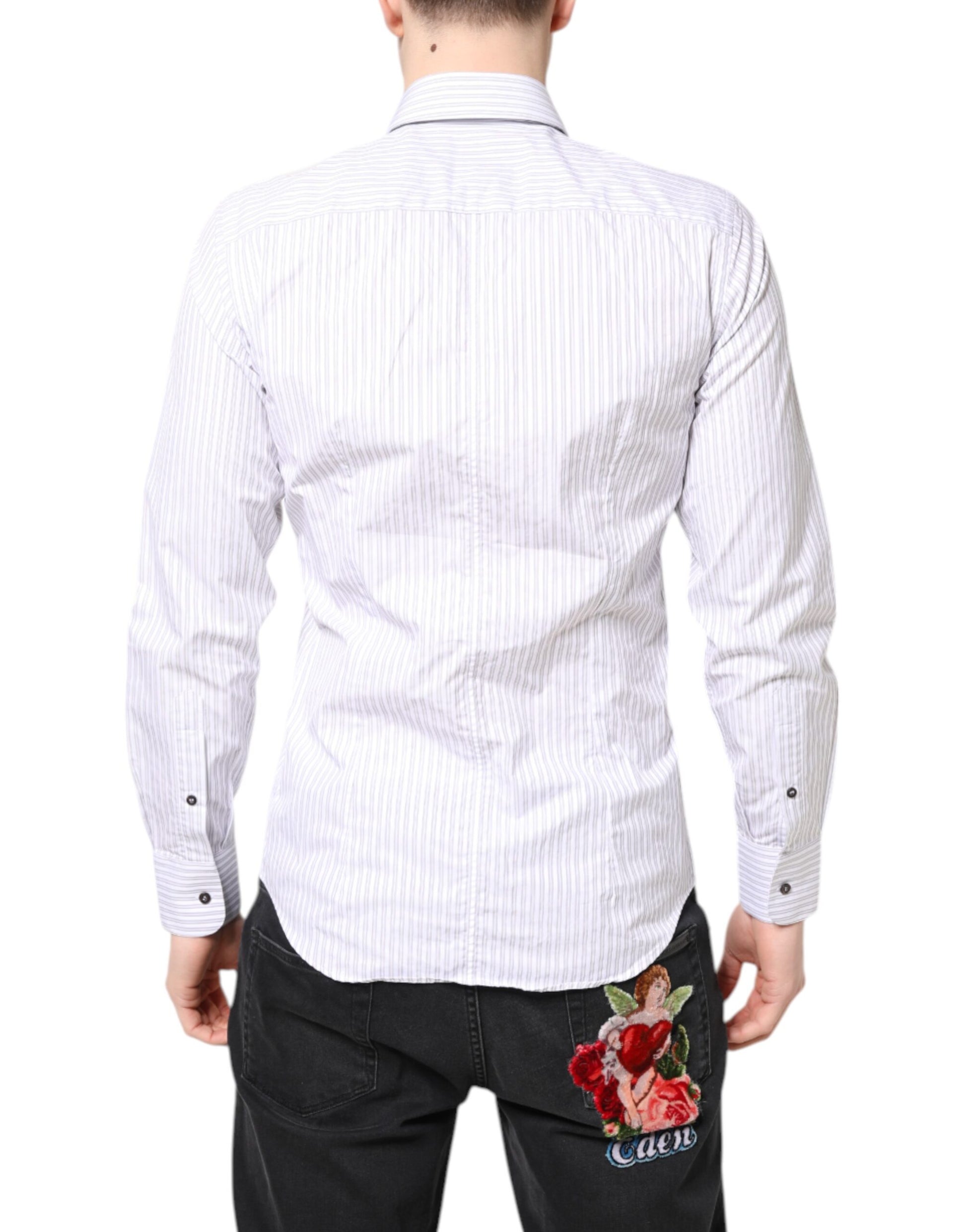 A white striped cotton men's dress shirt with a floral embroidery on the back