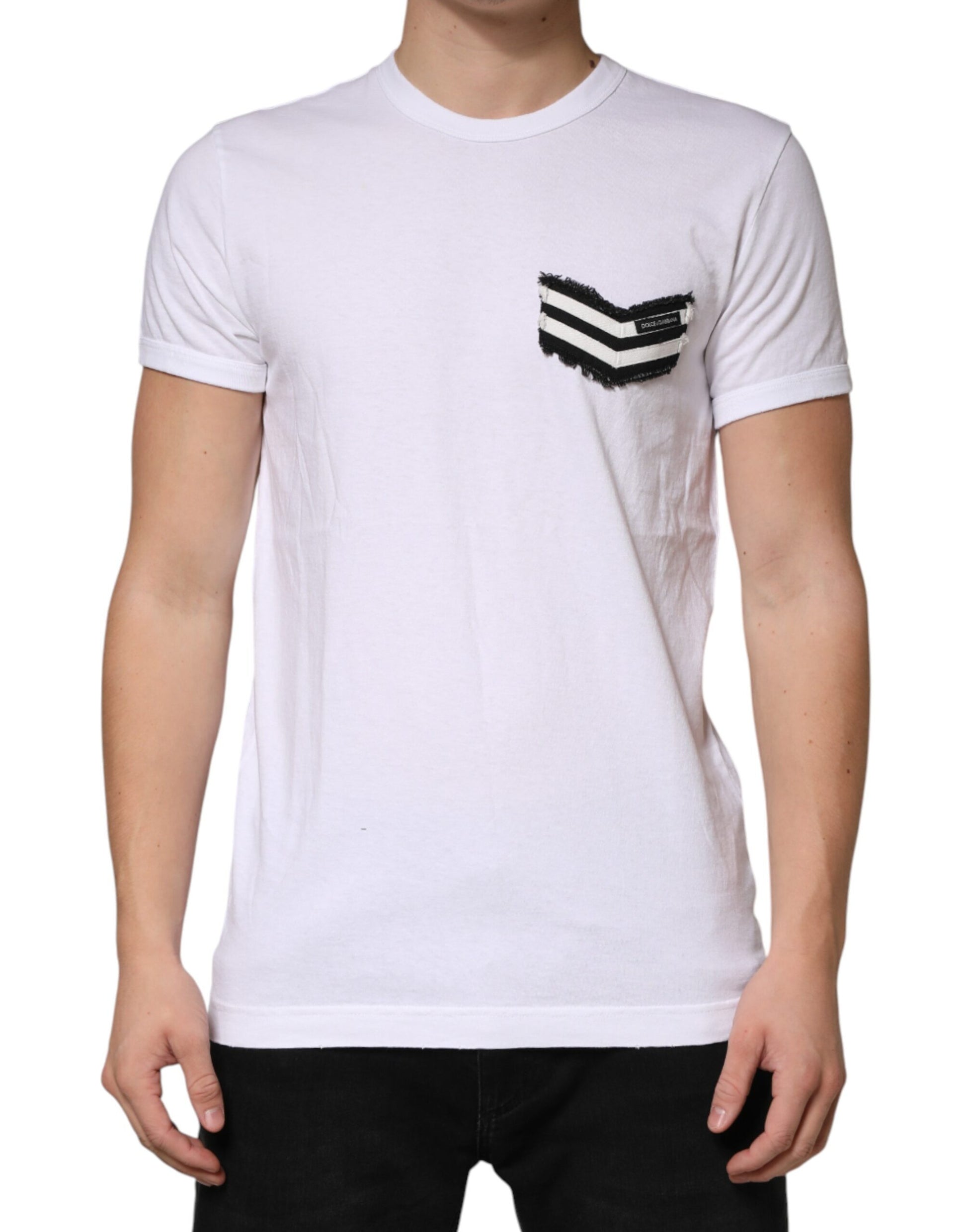 White short sleeve t-shirt with black design on front
