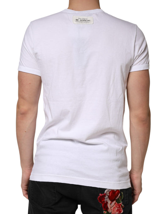 White short sleeve t-shirt with a floral design on the back