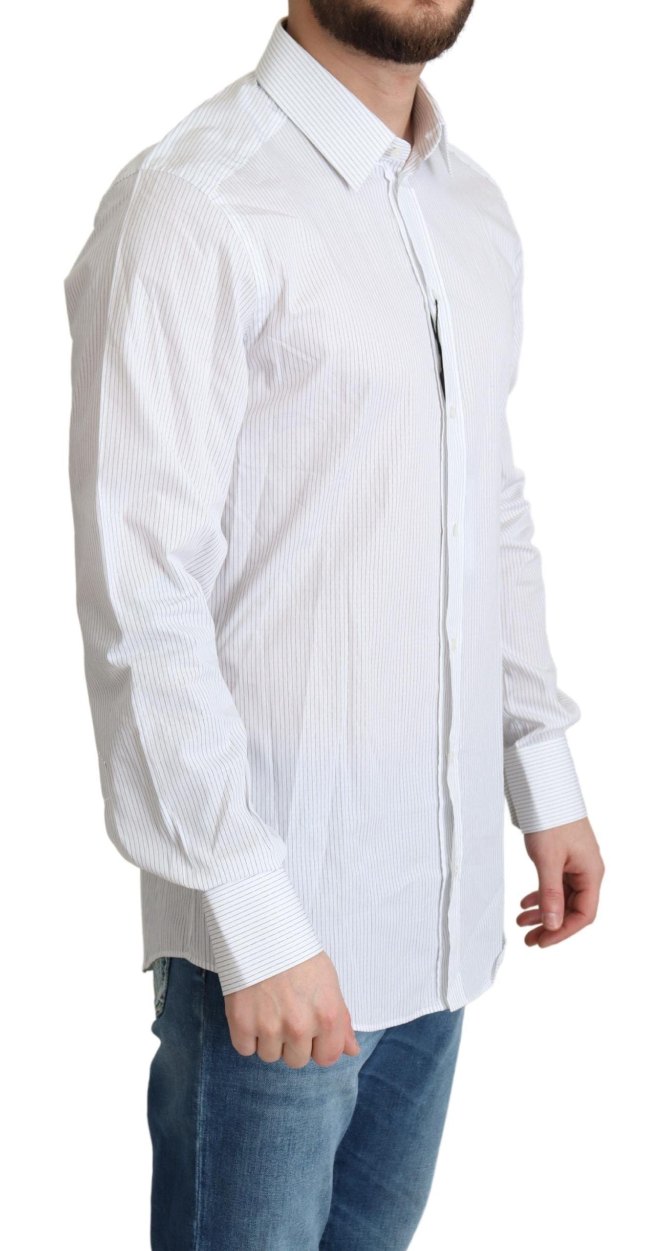 A white cotton shirt with vertical stripes, featuring a collar and long sleeves