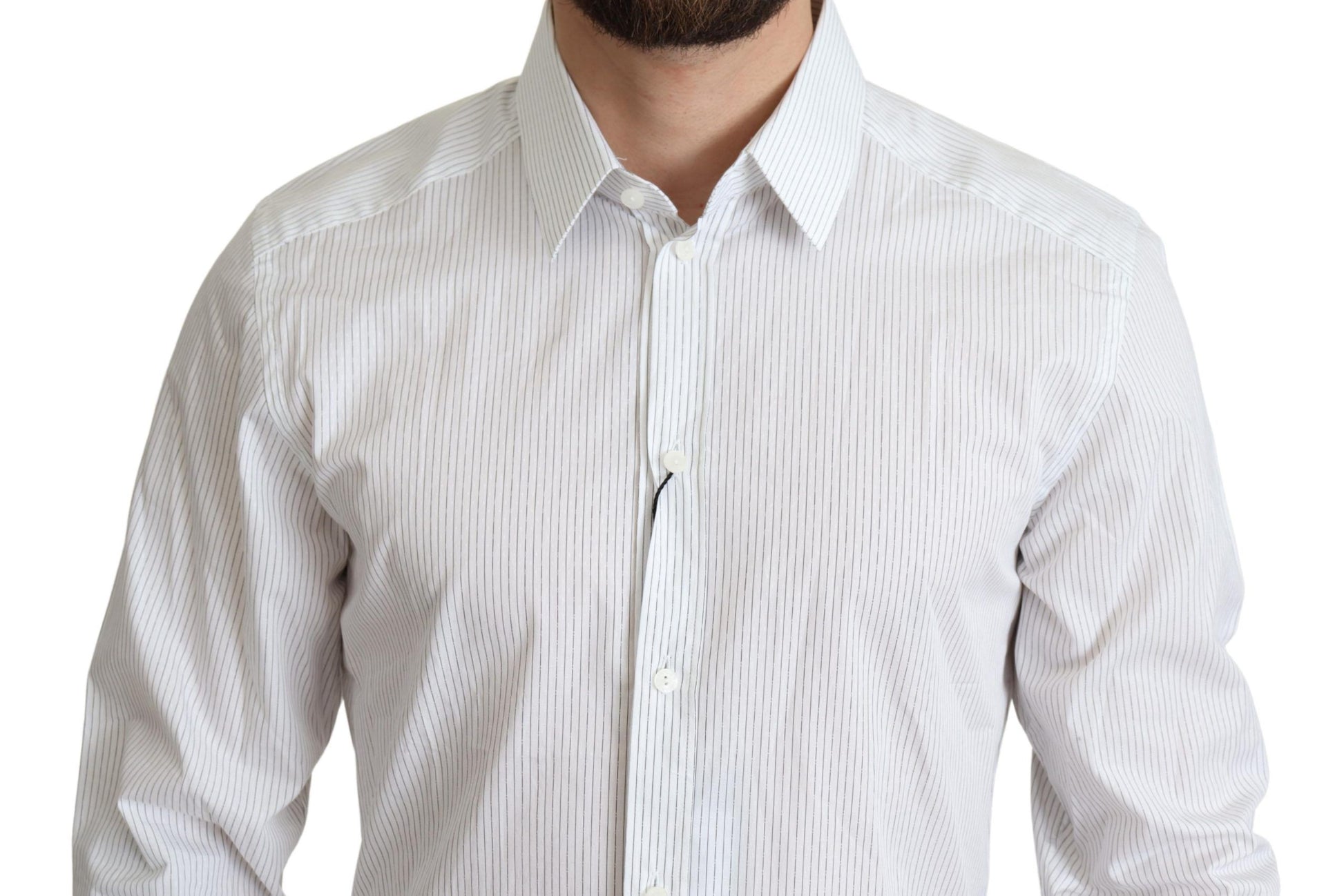 A mannequin wearing a white shirt with vertical stripes, designed by Dolce & Gabbana. The shirt is made of cotton and feature