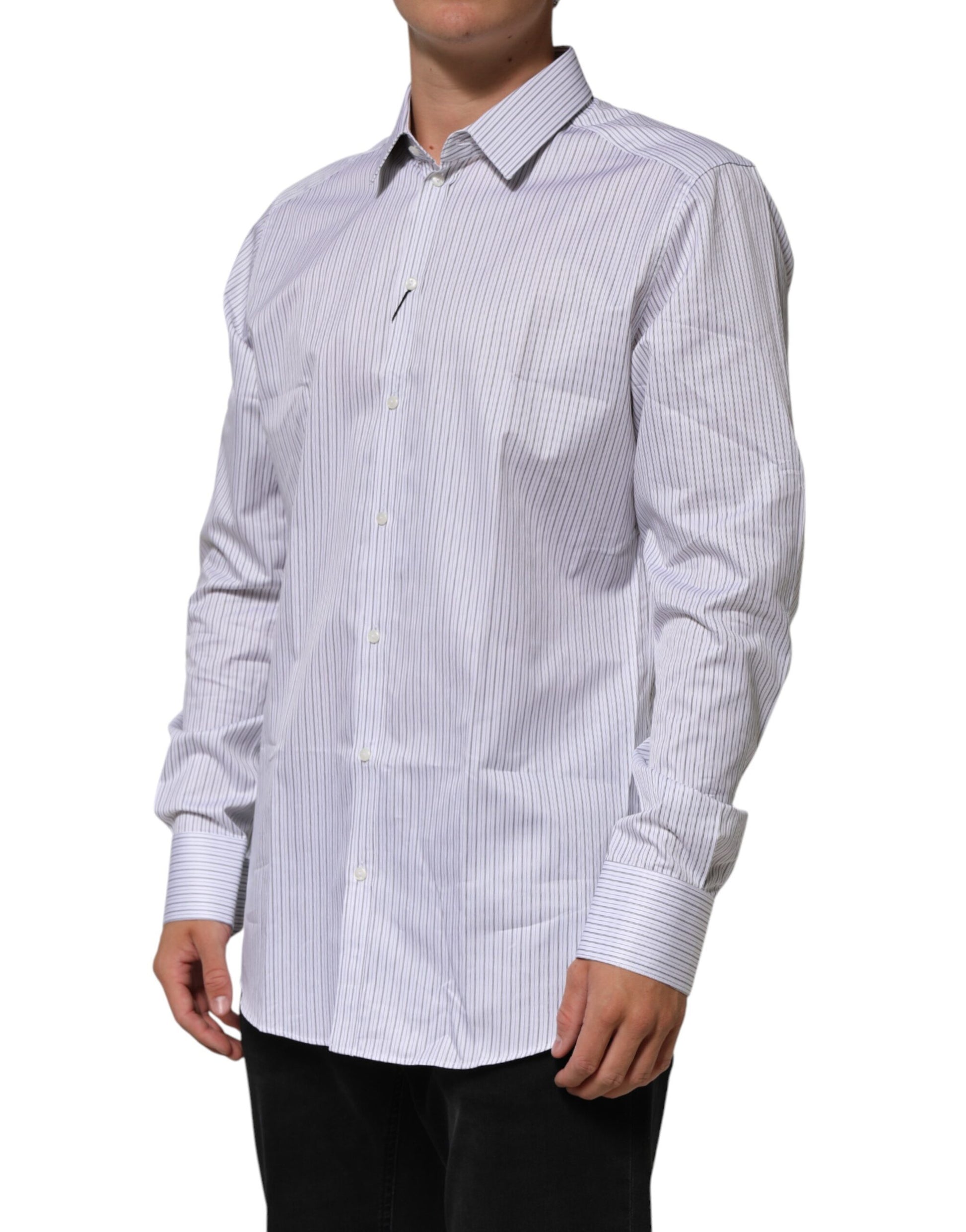 A long-sleeved men's dress shirt with white stripes on a gold background
