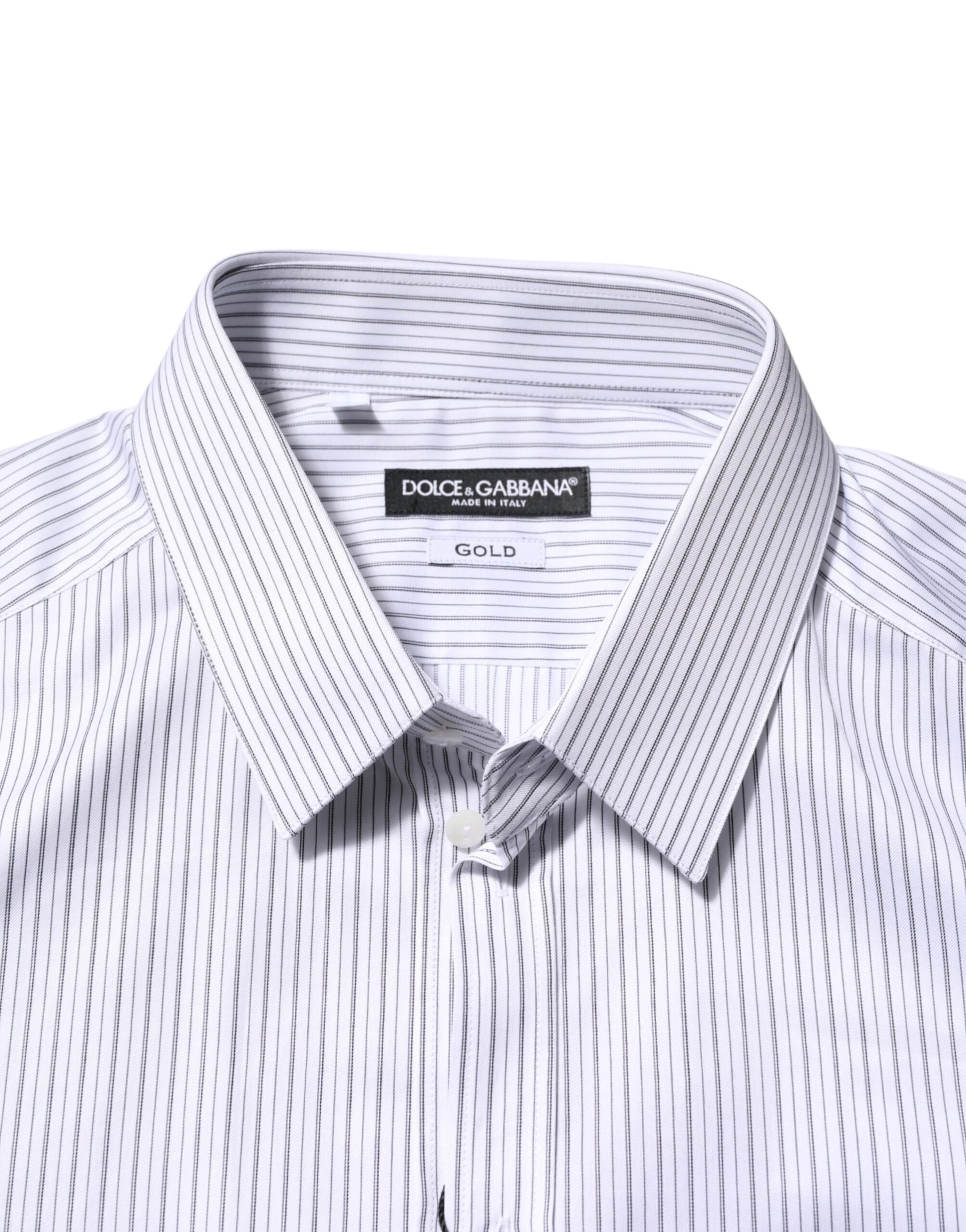 A white striped cotton dress shirt with a collar and buttons, designed by Dolce & Gabbana