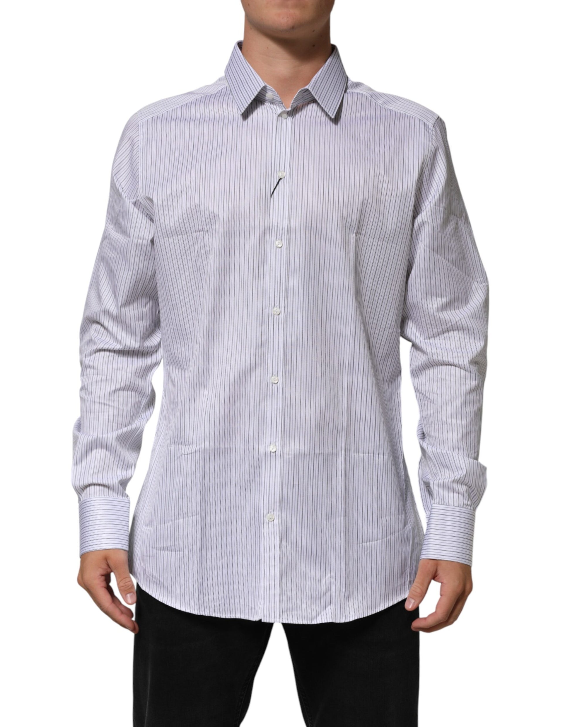 A long sleeve dress shirt with white stripes and gold accents