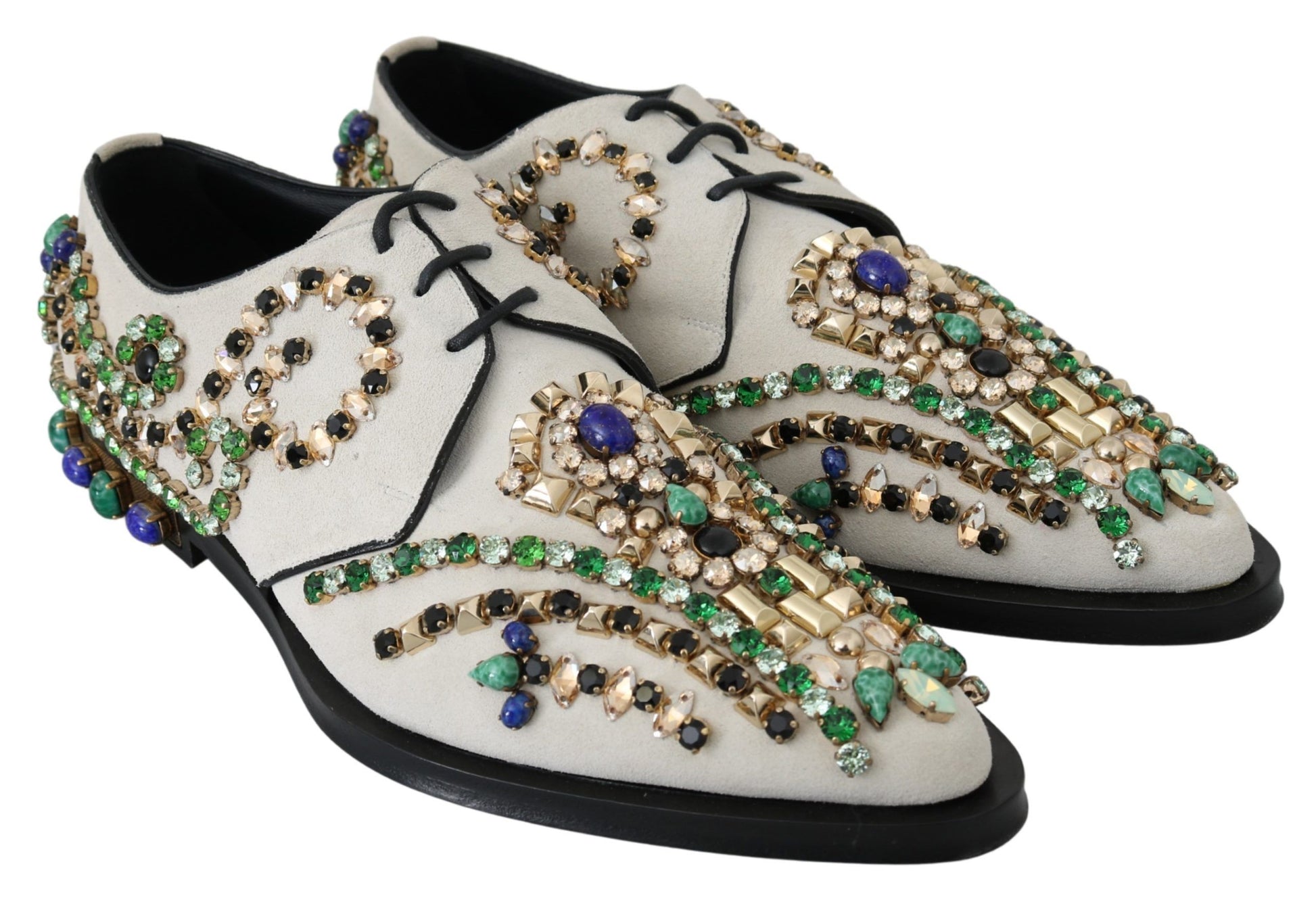 Pair of embellished shoes with multiple colors and shapes of stones