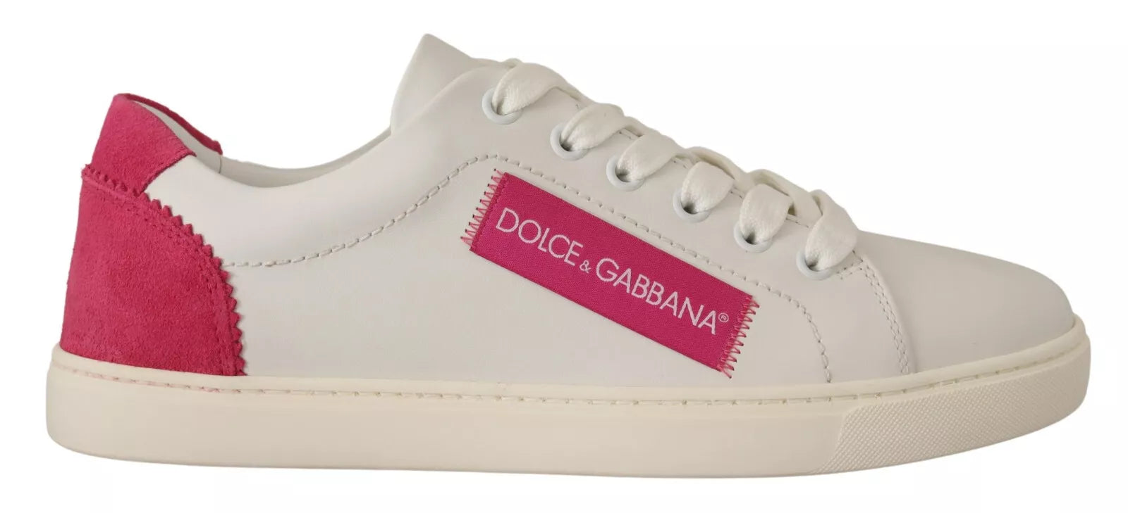 Pair of white suede leather sneakers with red accents, featuring the Dolce & Gabbana logo