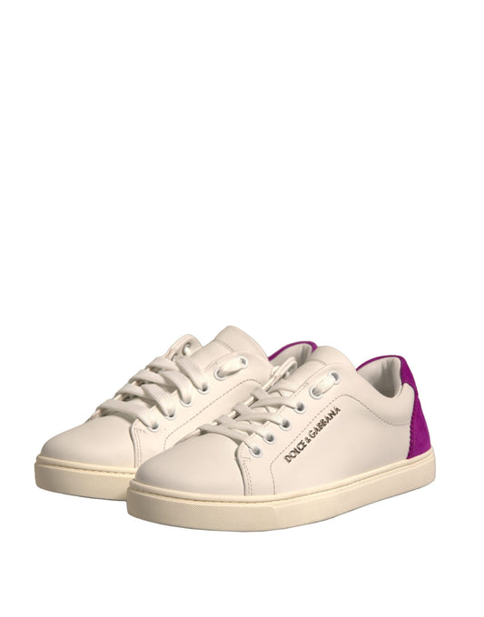 Pair of white sneakers with purple accents