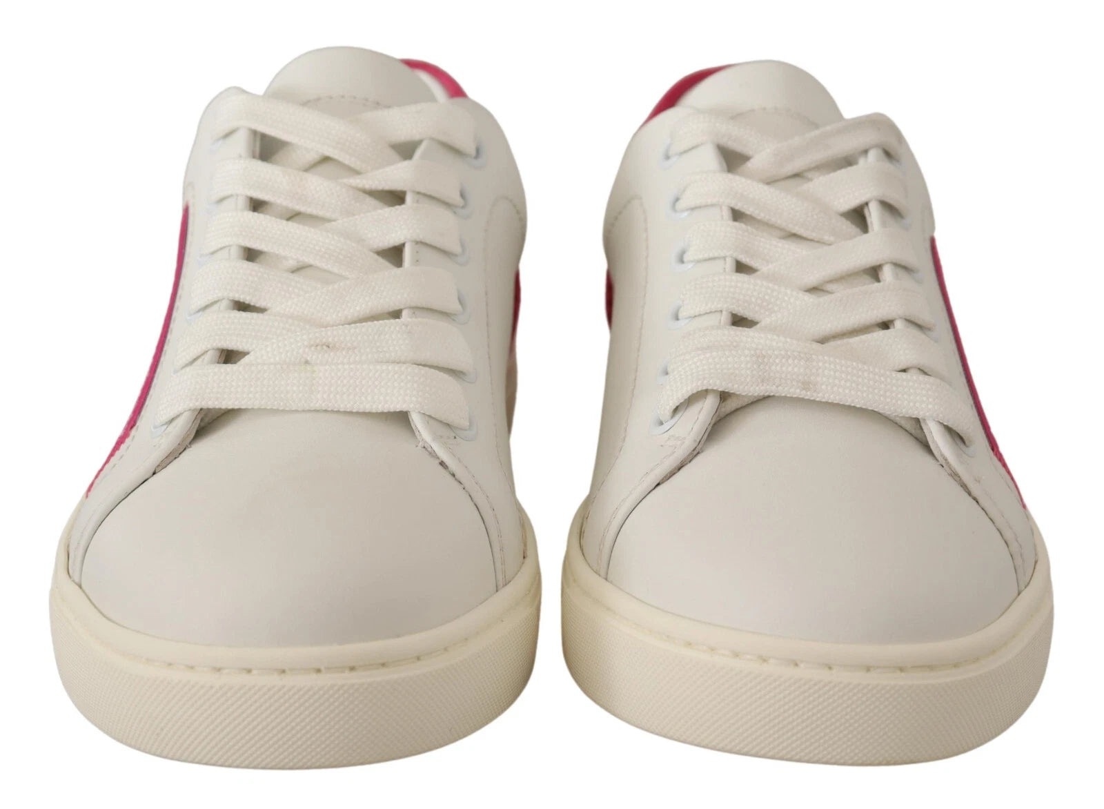 Pair of white suede leather low top sneakers with red accents