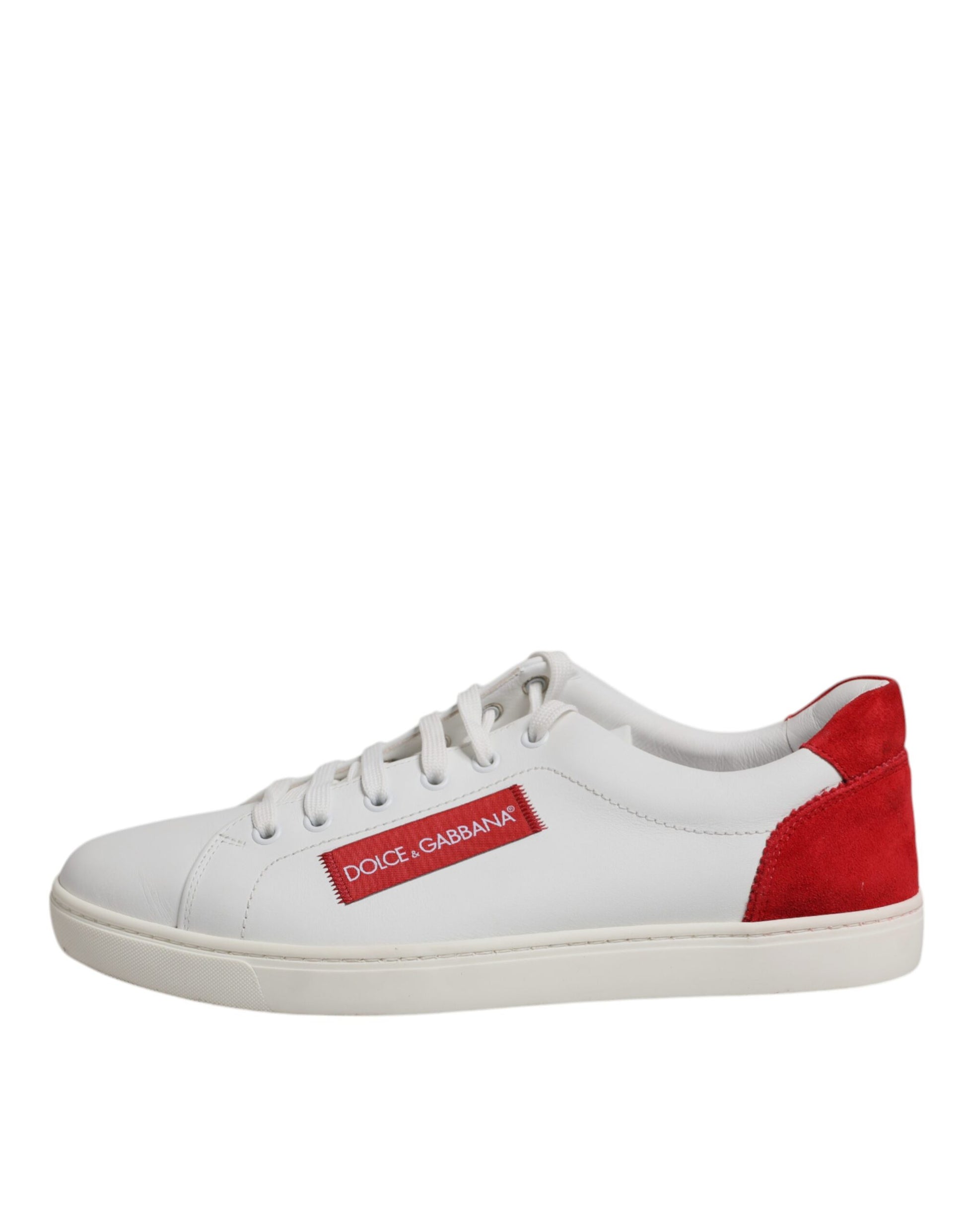 White sneaker with red accents and a small logo on the side