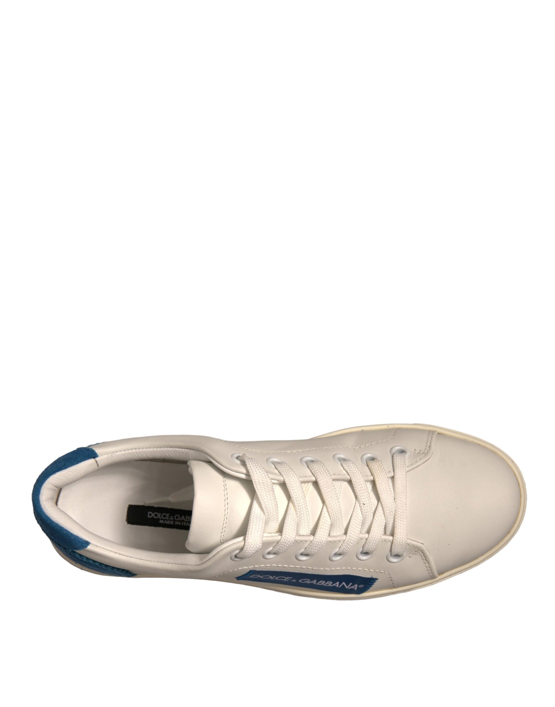 White sneaker with blue accents