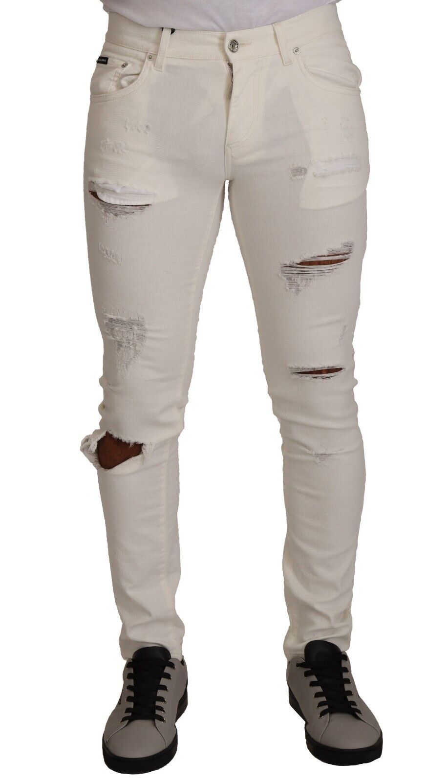 Pair of distressed jeans on a model