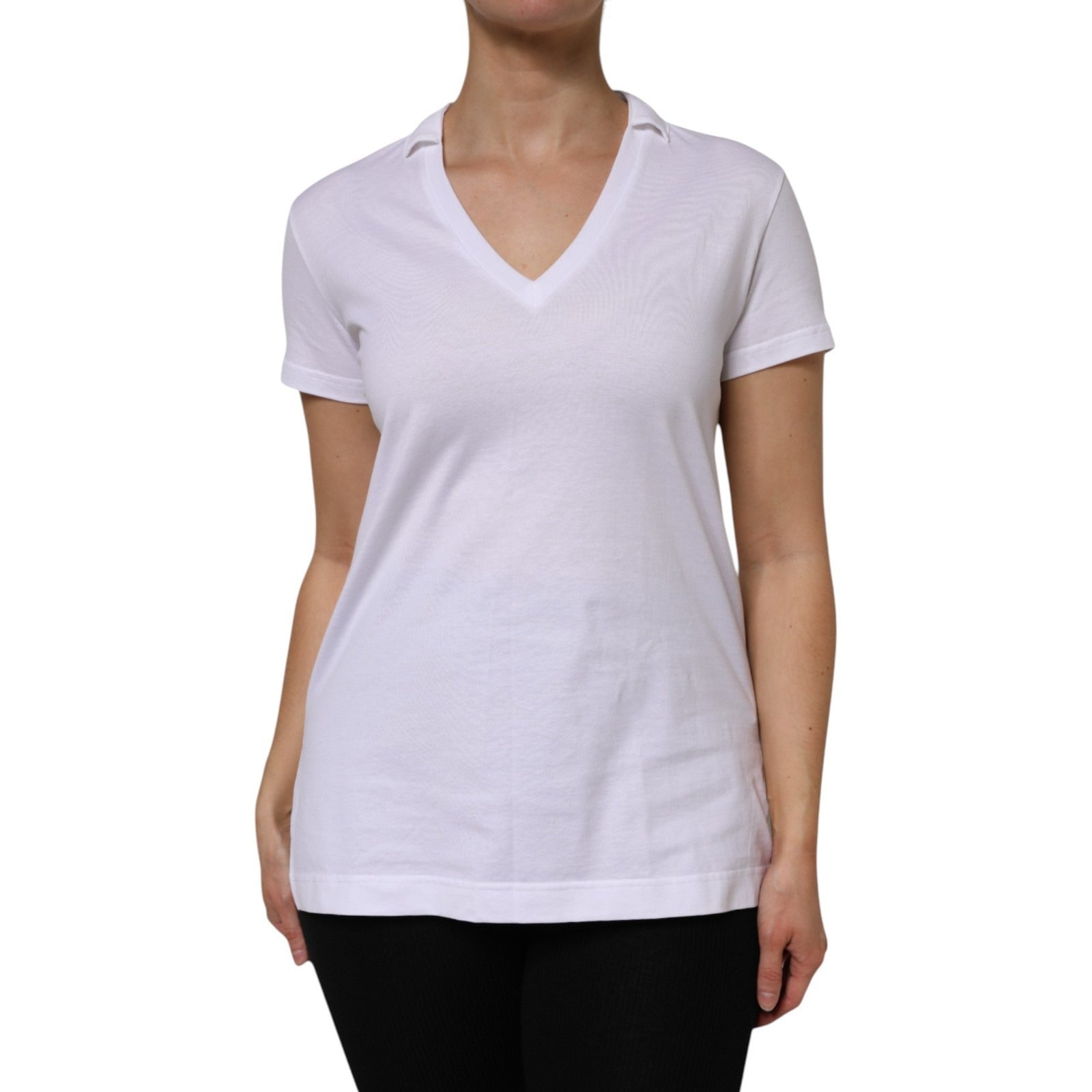White short sleeve v-neck t-shirt on a woman