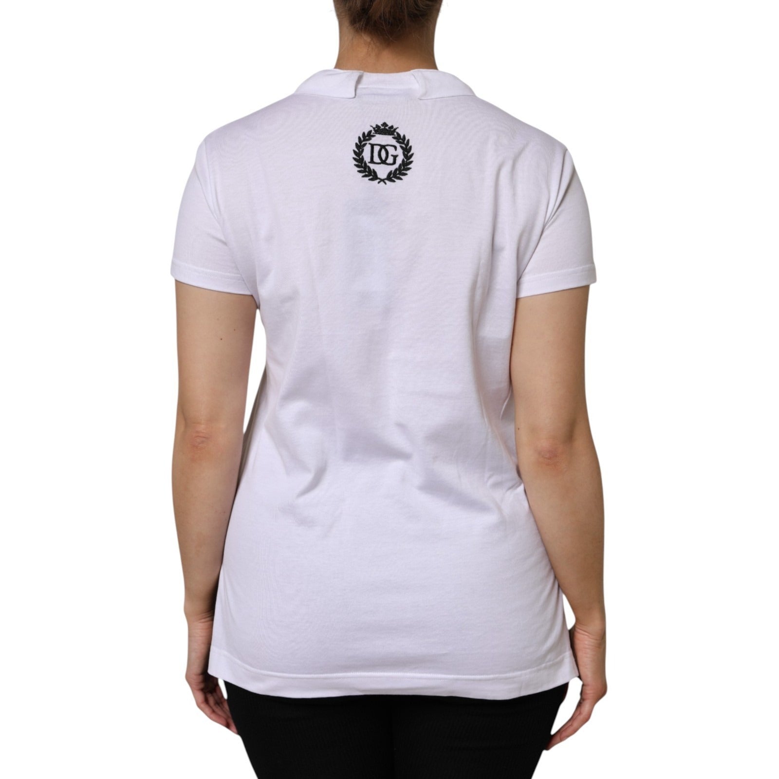 White short sleeve t-shirt with black logo on back