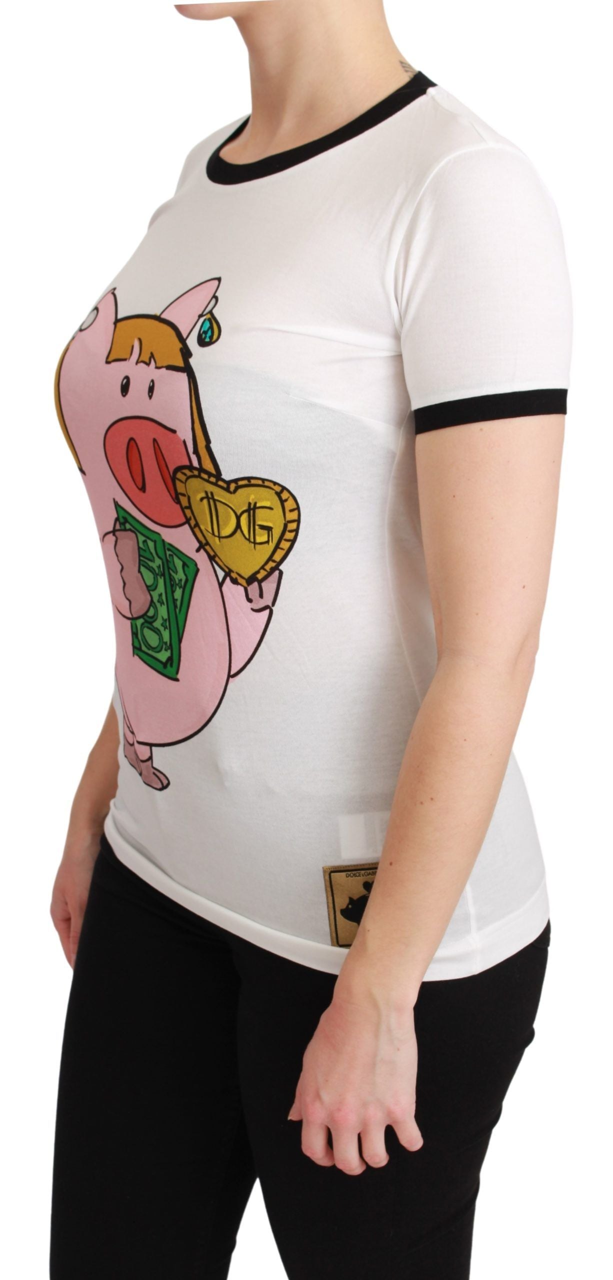 A white t-shirt with a cartoon pig graphic on the front