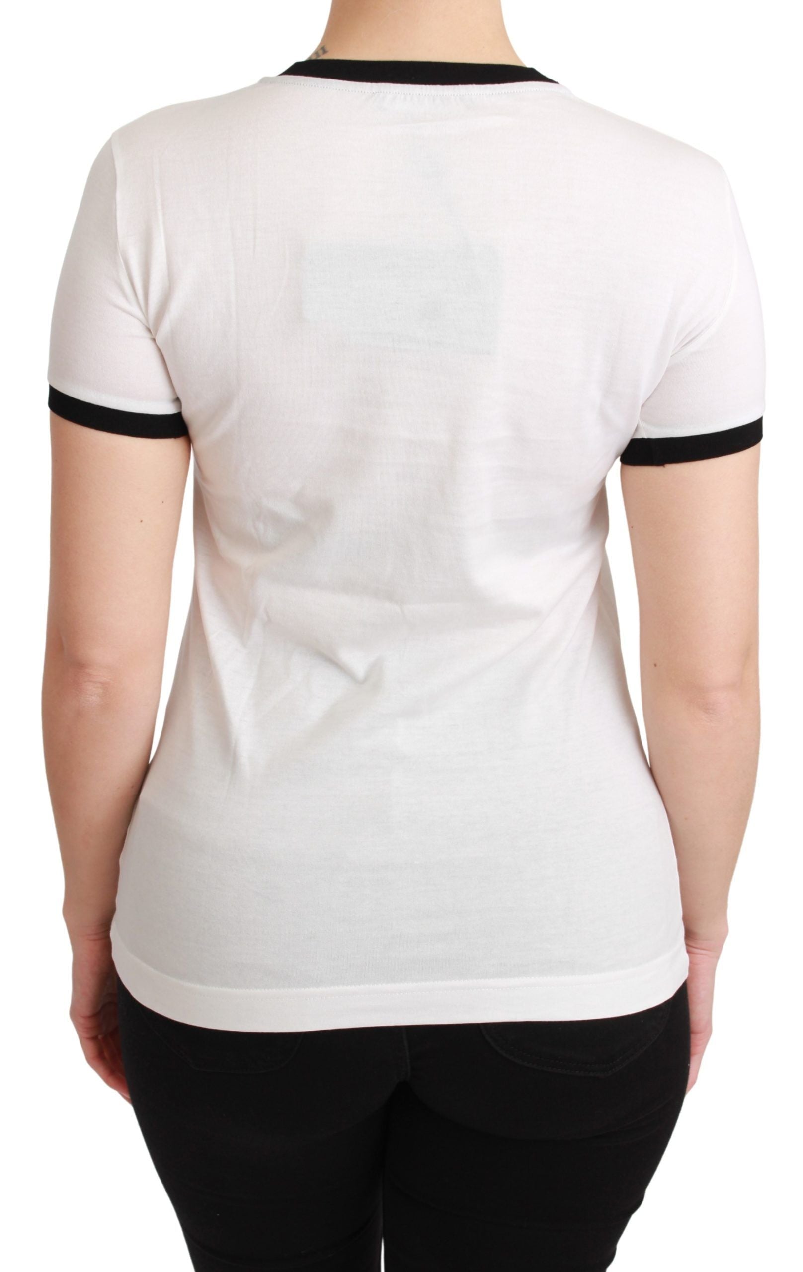 A white cotton t-shirt with black sleeves and a graphic of a pig on the back