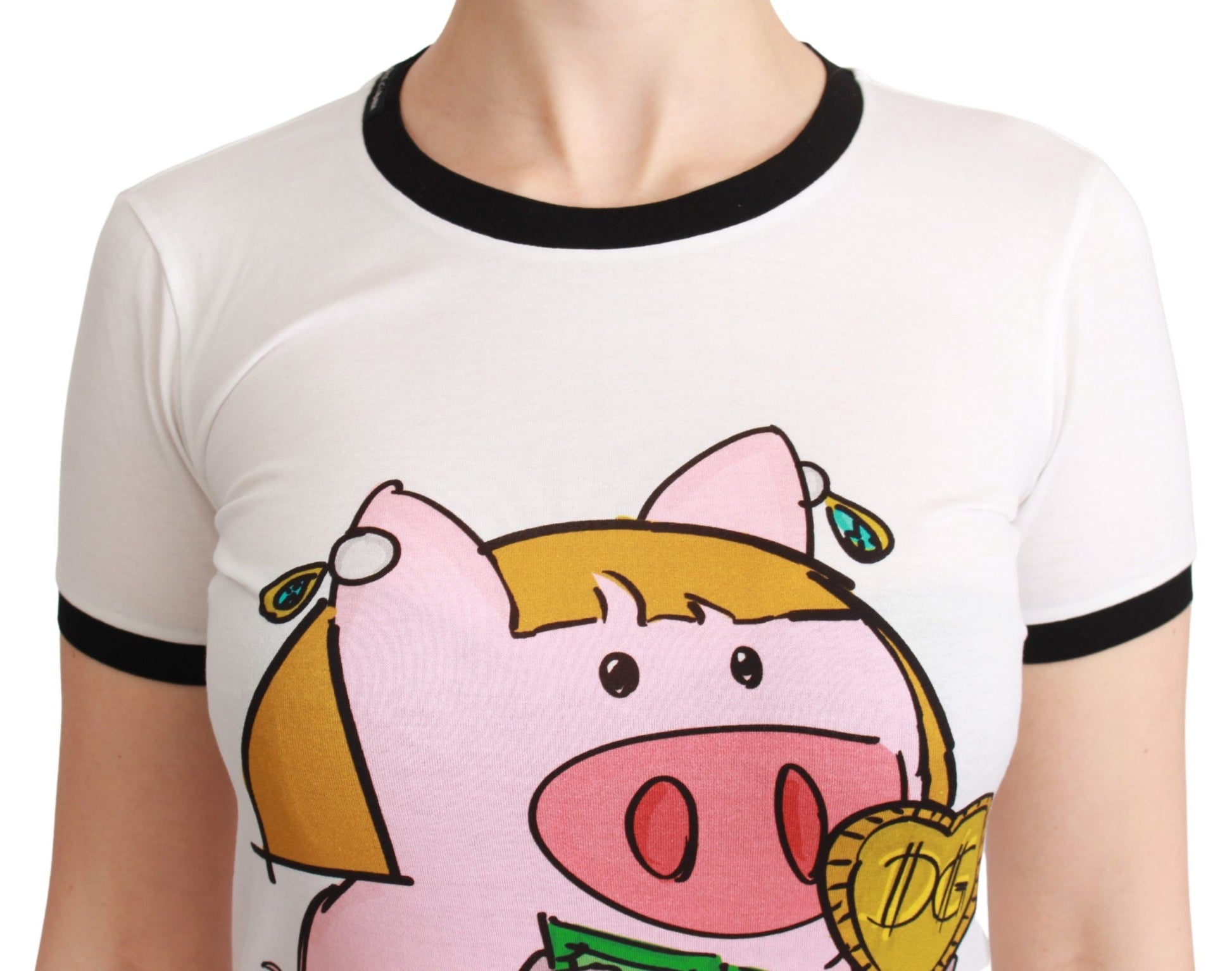 A white cotton t-shirt with a graphic of a pig wearing a crown and holding a coin