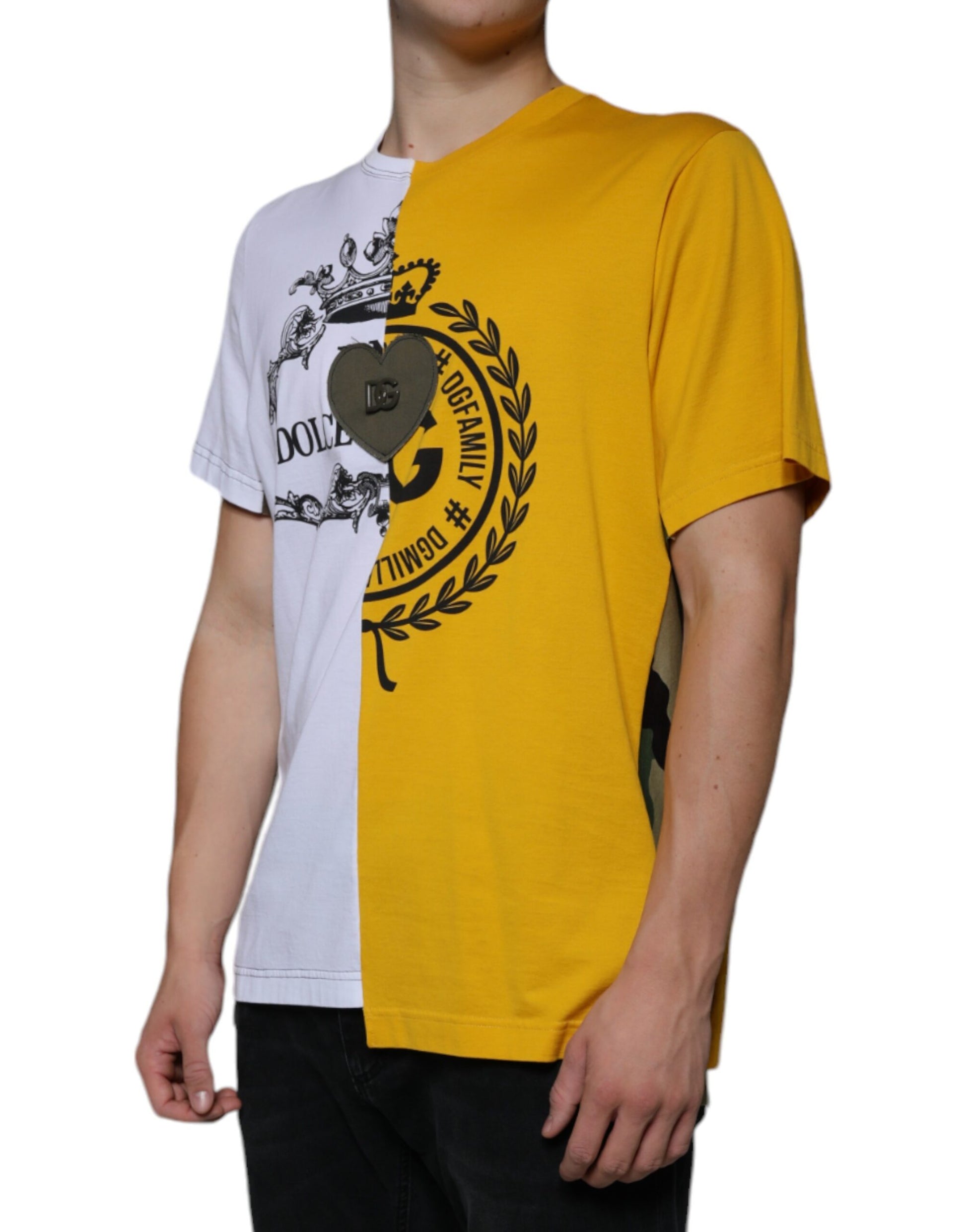 Yellow and white t-shirt with emblem on front