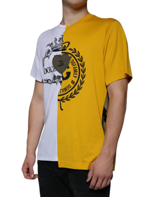 Yellow and white t-shirt with emblem on front