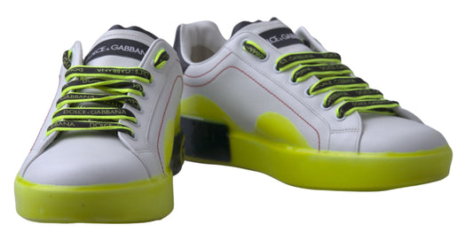 White and yellow leather sneakers with green laces, featuring the Dolce & Gabbana logo