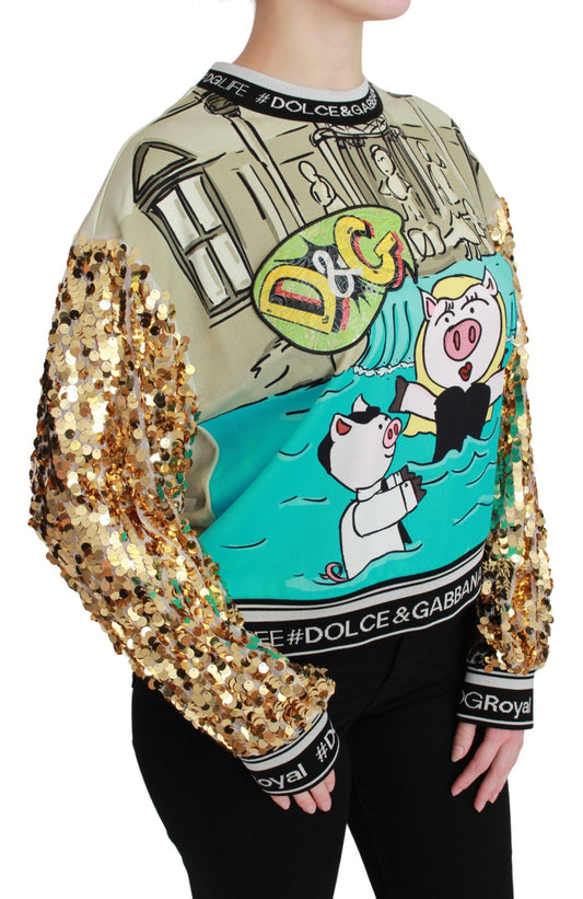 Shiny gold sequin sweater with cartoon character design