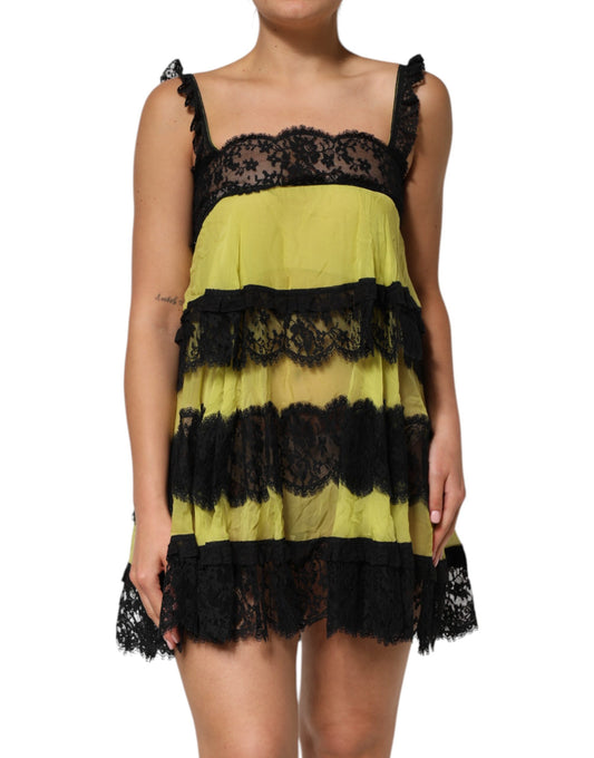 A yellow black babydoll chemise with lace detailing, part of the Dolce & Gabbana lingerie dress collection