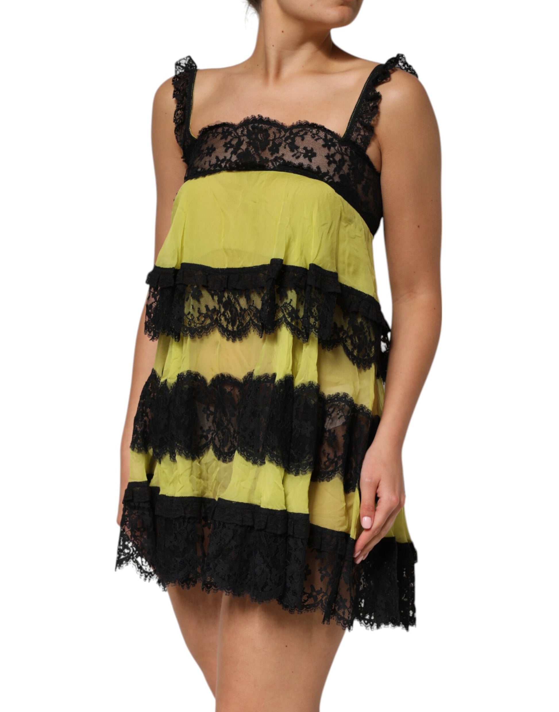 A yellow and black babydoll chemise with lace detailing, part of the Dolce & Gabbana lingerie dress collection