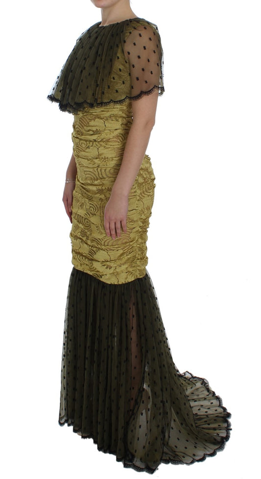 Long gold sequined dress with ruffled sleeves and train