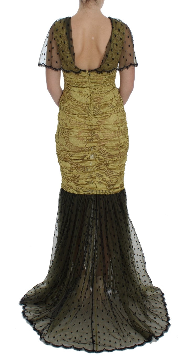 Long black lace dress with beaded bodice