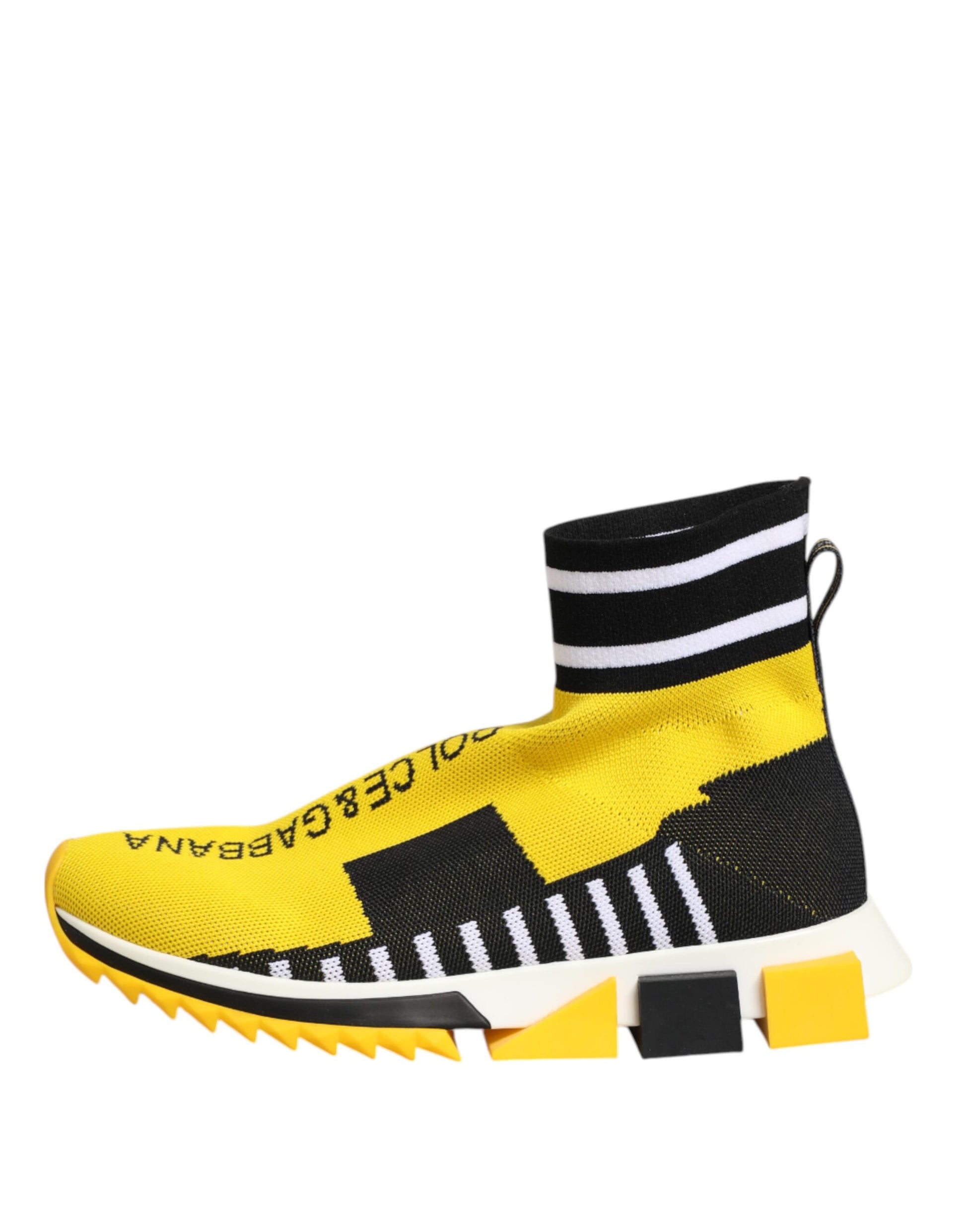 Yellow sneaker with black stripes on sides