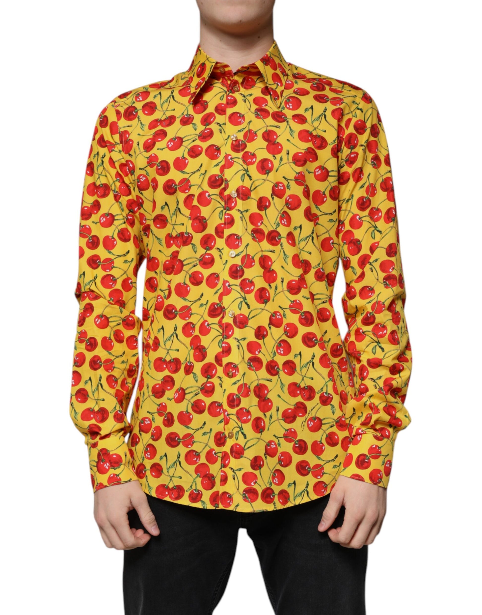A yellow dress shirt with a cherry print